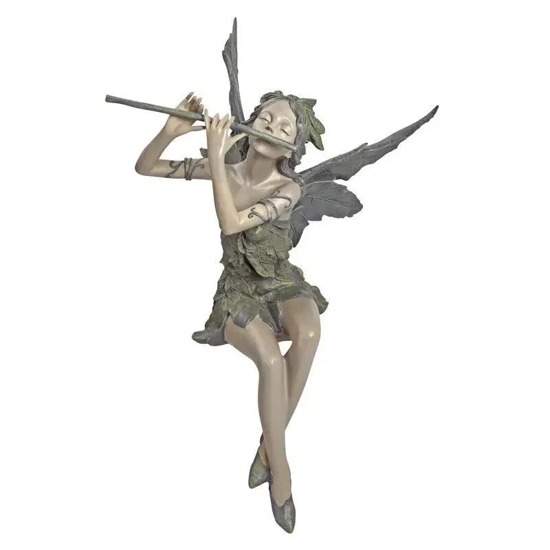 Statue de Fée Flûtiste Assise – Sculpture en Résine Artisanale et Décorative