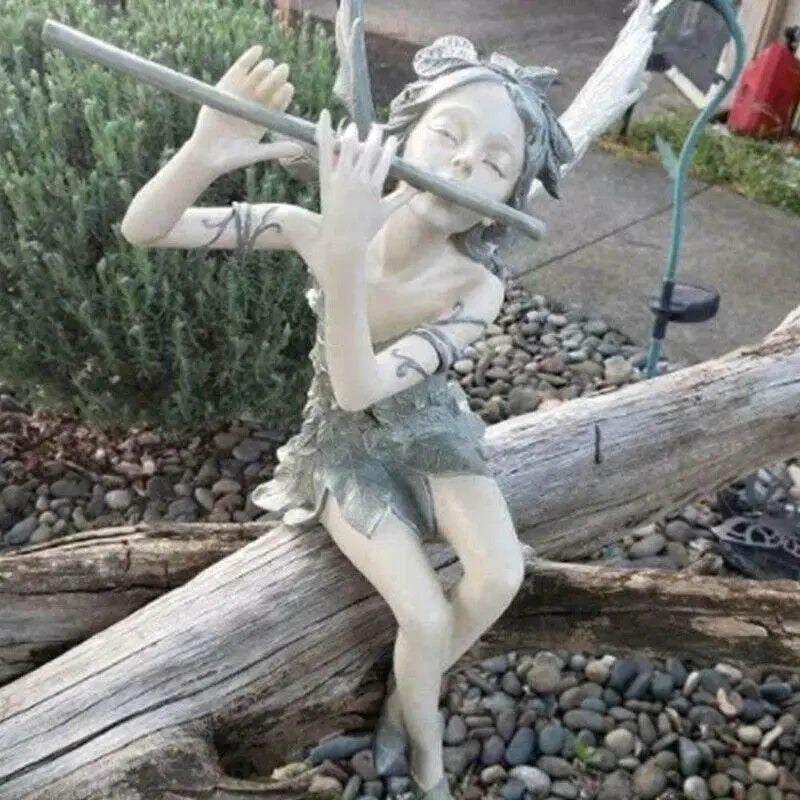 Statue de Fée Flûtiste Assise – Sculpture en Résine Artisanale et Décorative