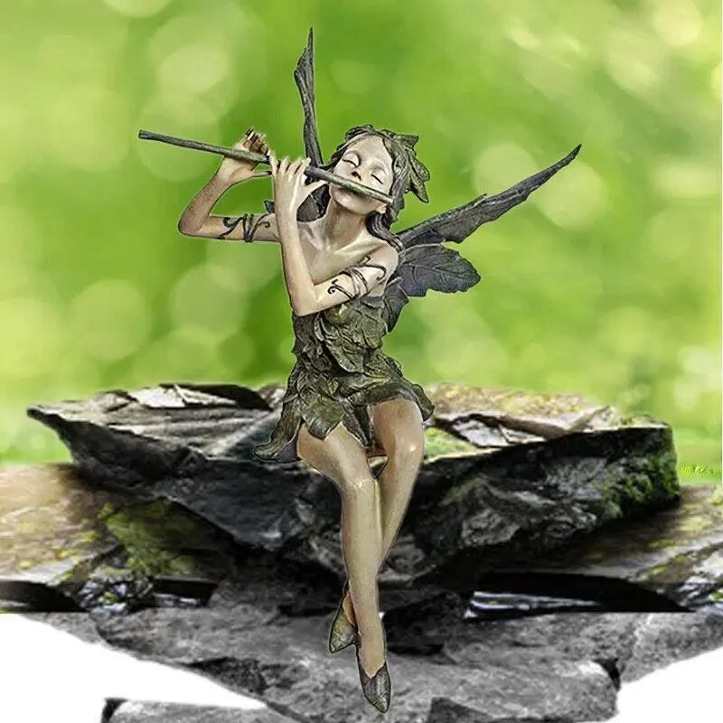 Statue de Fée Flûtiste Assise – Sculpture en Résine Artisanale et Décorative