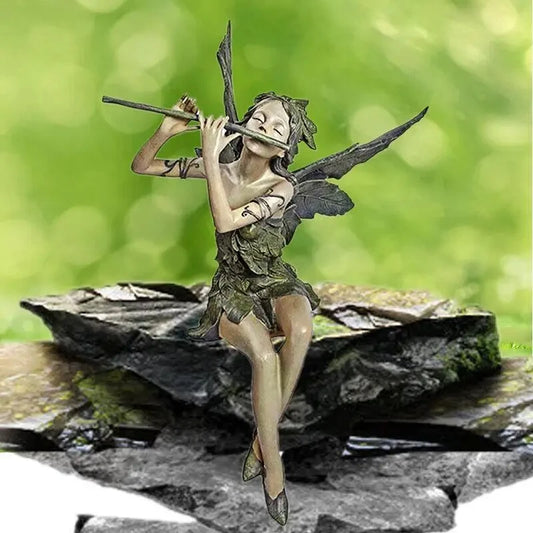 Statue de Fée Flûtiste Assise – Sculpture en Résine Artisanale et Décorative