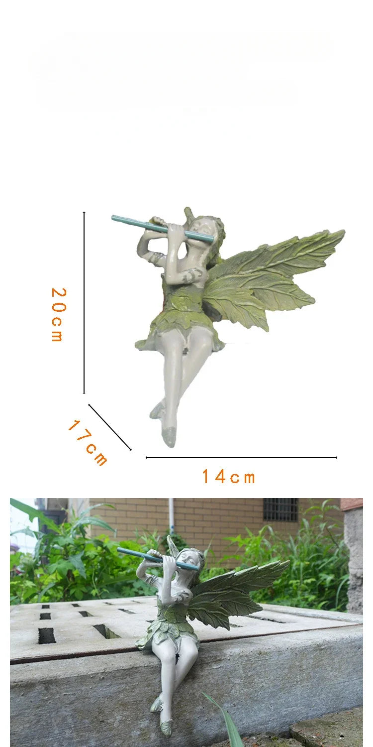 Statue de Fée Flûtiste Assise – Sculpture en Résine Artisanale et Décorative
